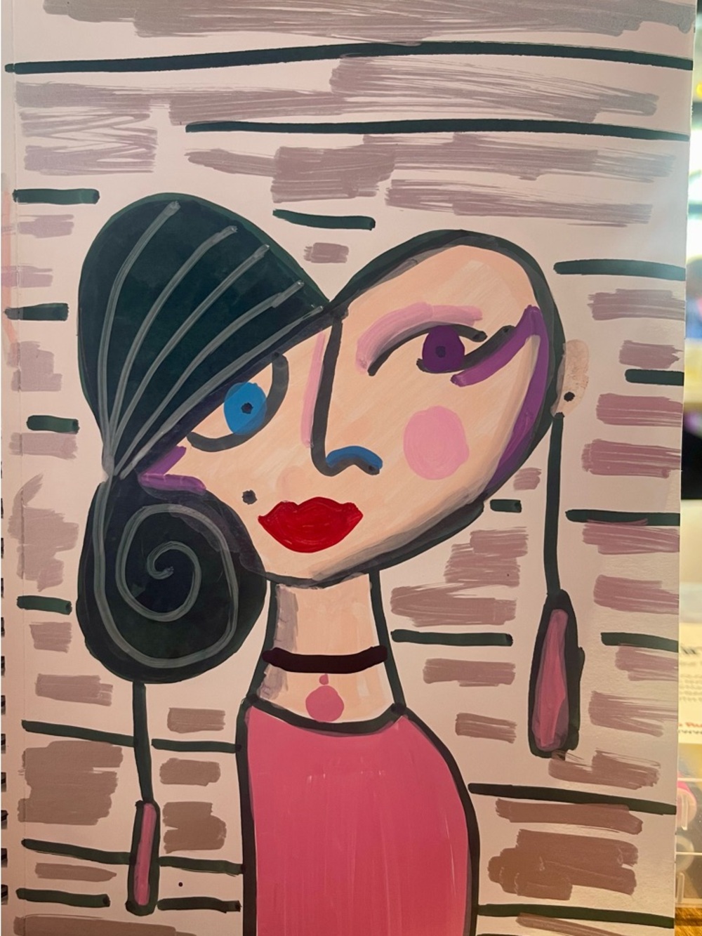 Abstract Portrait Wall Art Pink and Black Contemporary Mailable and Frame able.